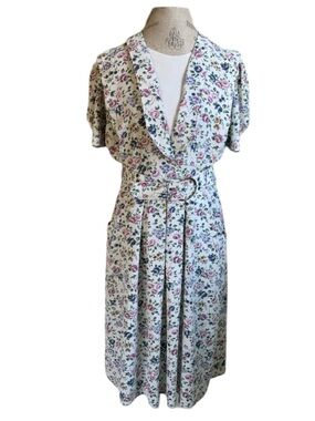 Vintage Periwinkle Floral Midi Dress Womens A-Line Puff Sleeve Belt Cottagecore